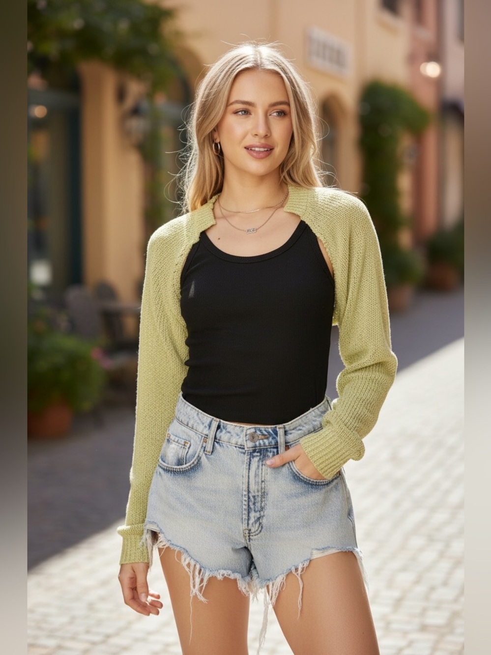 Lime Green Knit Bolero Shrug Cropped Open Front Cardigan Size S M L NEW